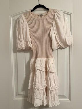 Francesca's Collections Cream Ribbed Bodice Puff Sleeve Tiered Dress